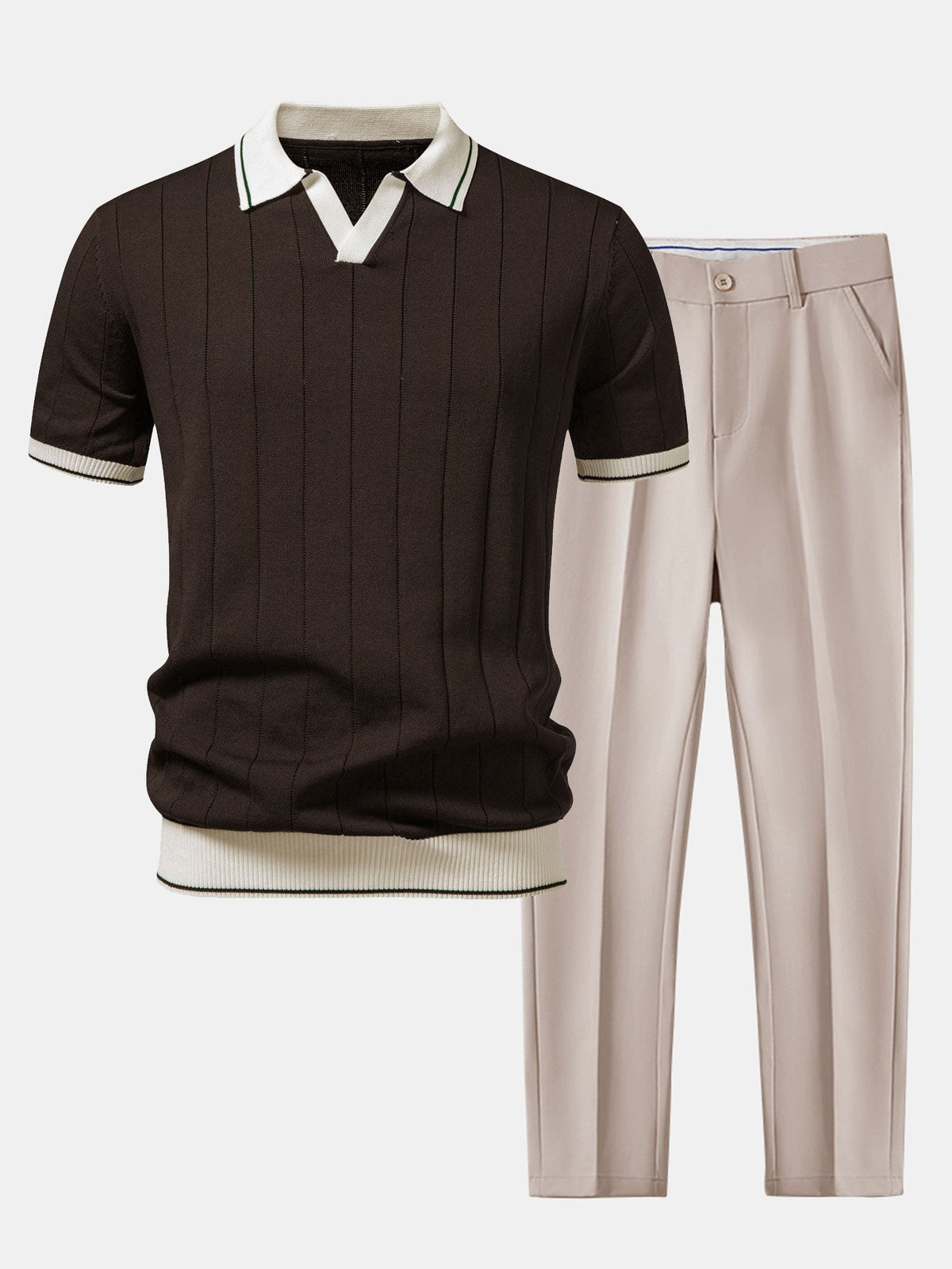 Rippstrick-Polo mit Johnny-Kragen und kontrastierenden Akzenten & figurbetonter tapered Hose