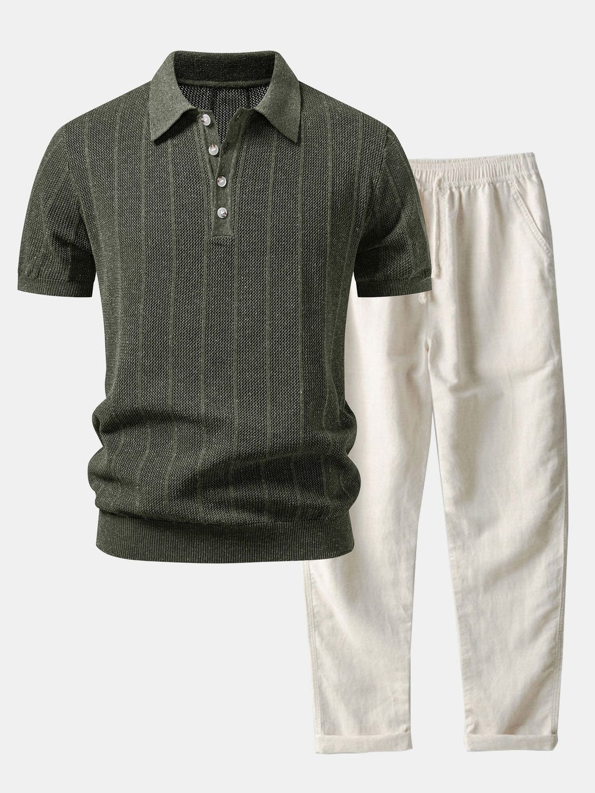 Gestreiftes Leinen-Polo mit offenem Strick und gerade geschnittene Leinenhose