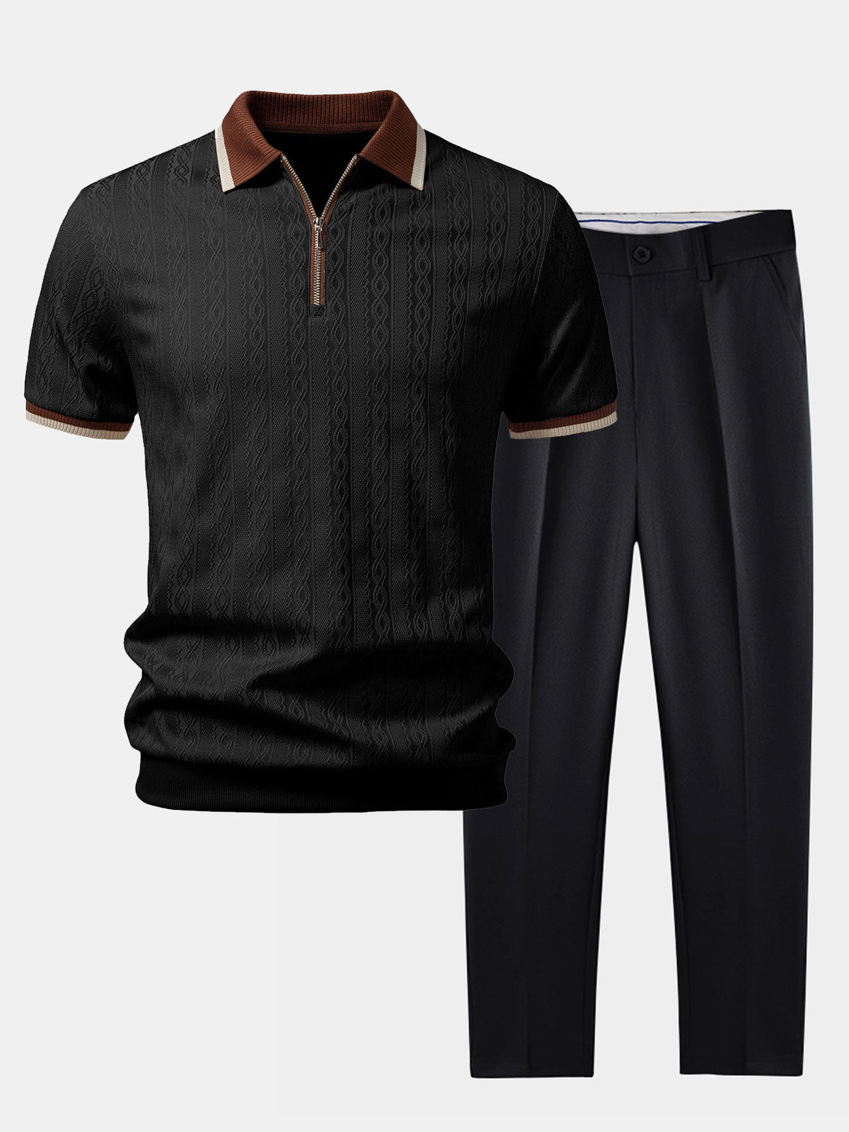 Kontrastierte Bies Textur Strick-Polo mit Reißverschluss & Slim Fit Tapered Hose
