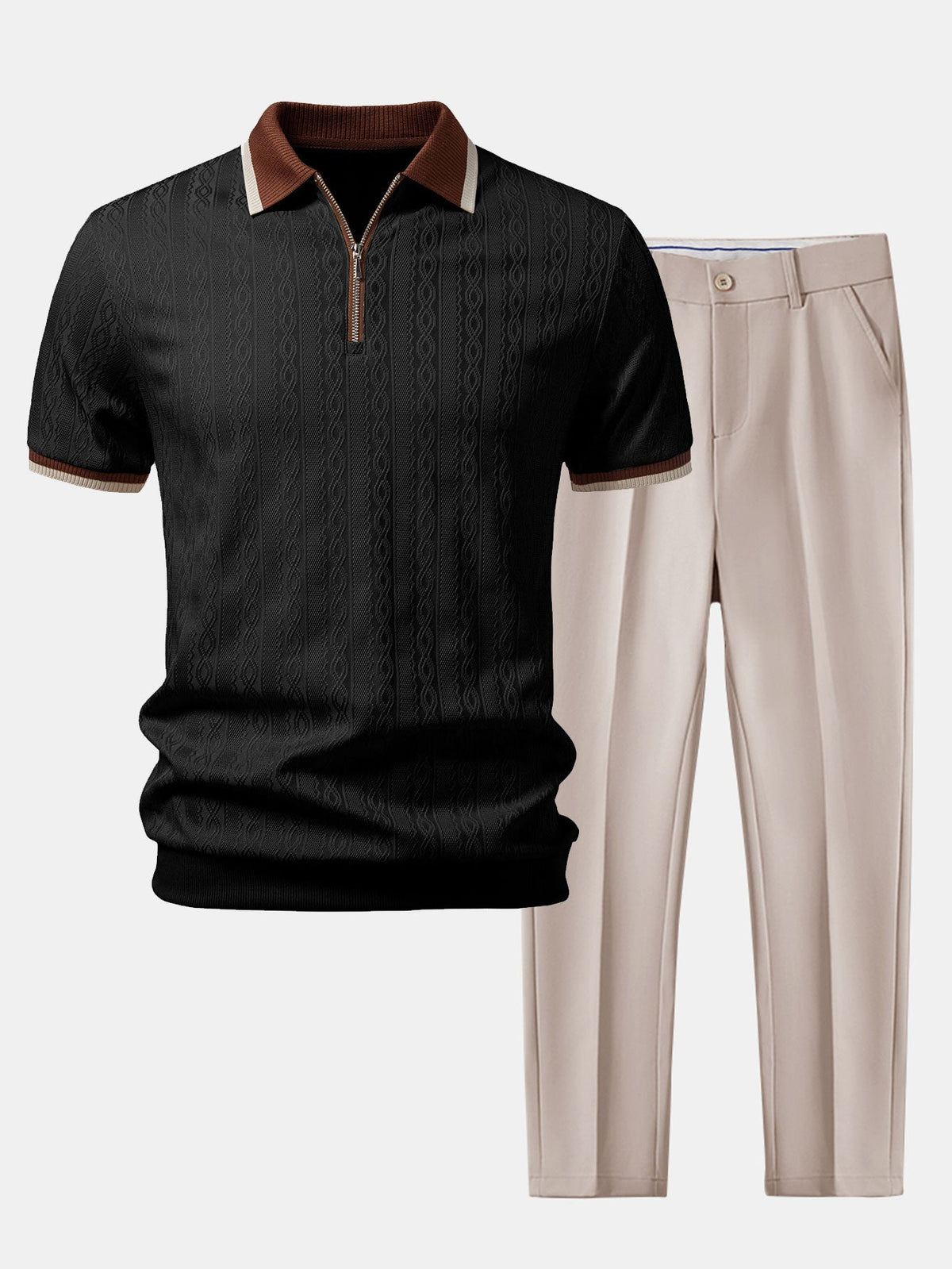 Kontrastierte Bies Textur Strick-Polo mit Reißverschluss & Slim Fit Tapered Hose