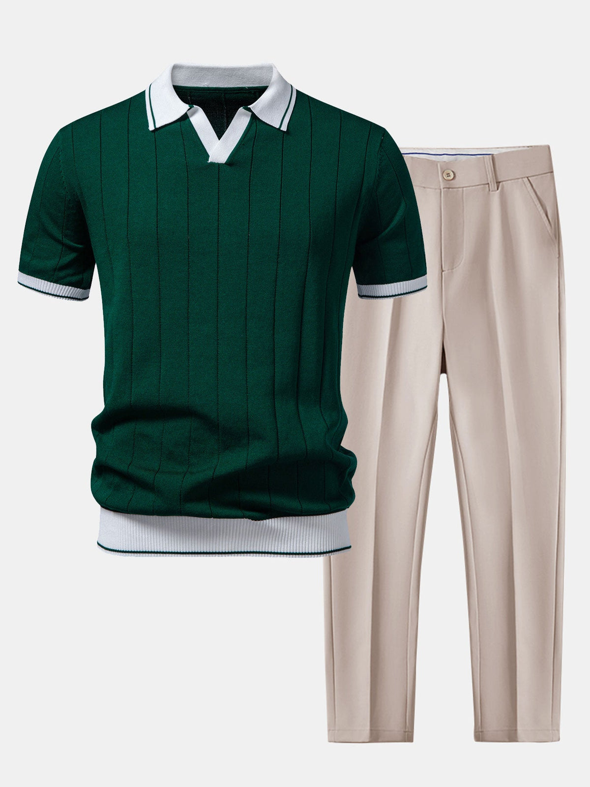 Rippstrick-Polo mit Johnny-Kragen und kontrastierenden Akzenten & figurbetonter tapered Hose