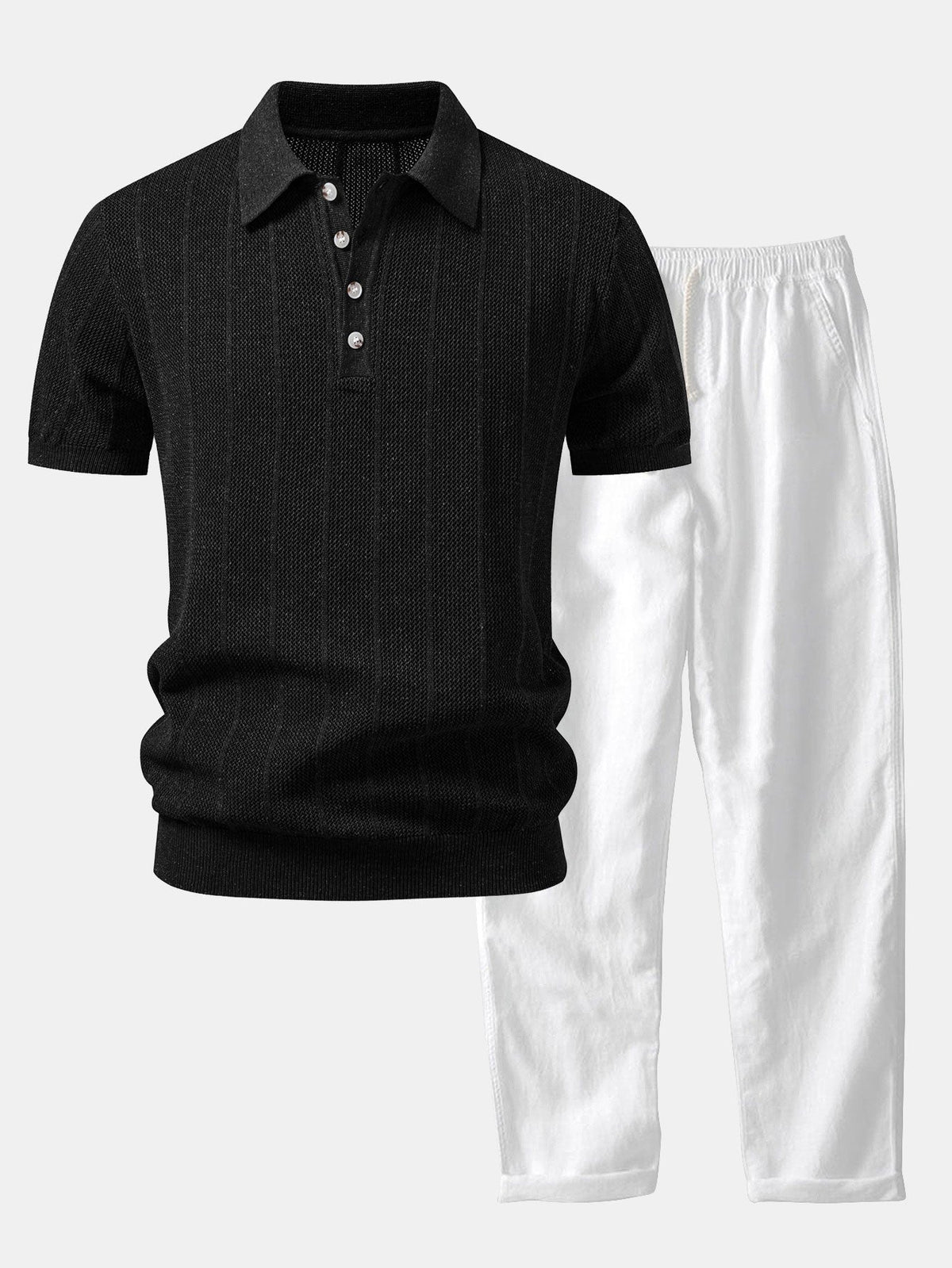 Gestreiftes Leinen-Polo mit offenem Strick und gerade geschnittene Leinenhose