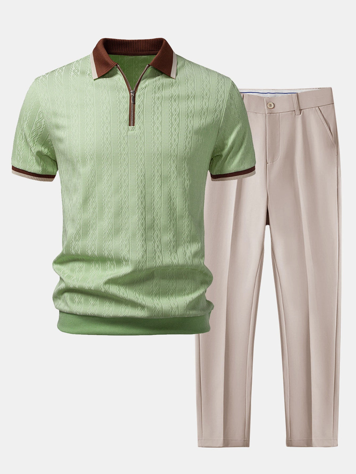 Kontrastierte Bies Textur Strick-Polo mit Reißverschluss & Slim Fit Tapered Hose