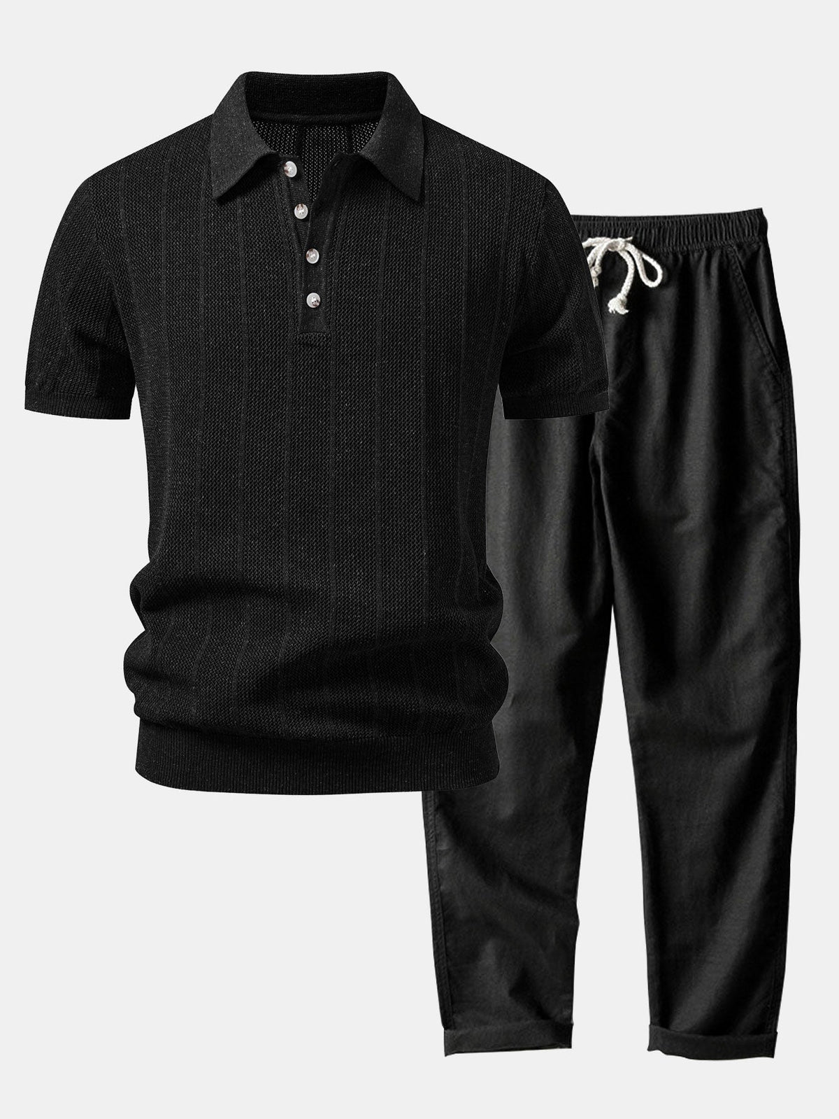 Gestreiftes Leinen-Polo mit offenem Strick und gerade geschnittene Leinenhose