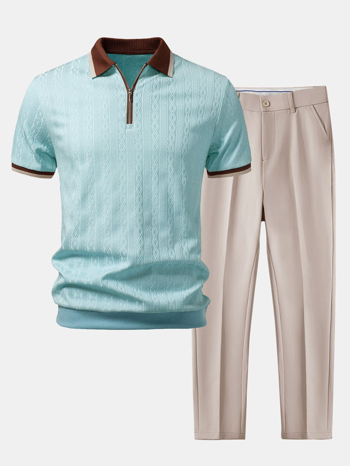 Kontrastierte Bies Textur Strick-Polo mit Reißverschluss & Slim Fit Tapered Hose