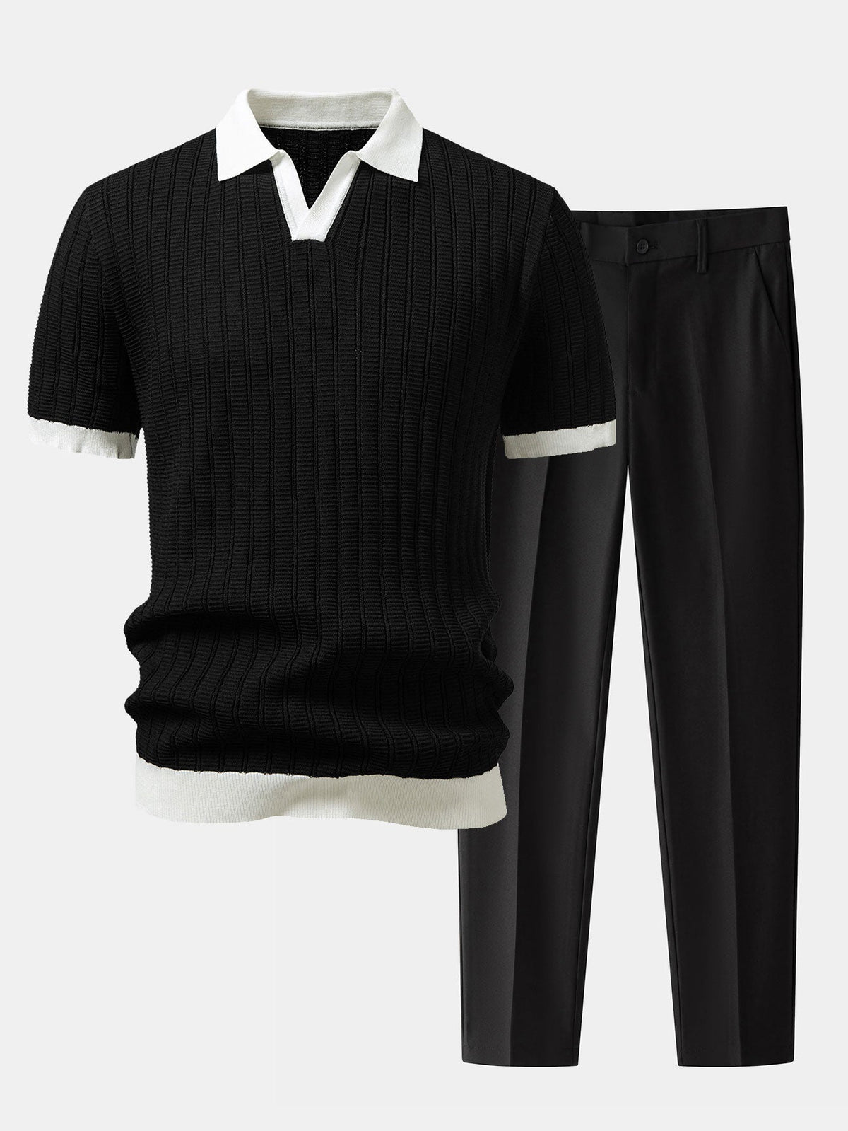 Kontrastreiches Strukturiertes Johnny-Kragen Polo mit Slim Fit Tapered Hose