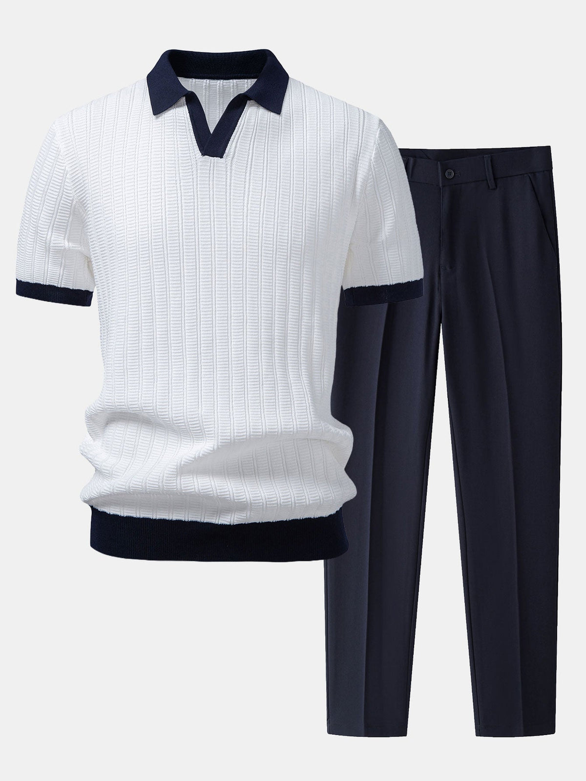 Kontrastreiches Strukturiertes Johnny-Kragen Polo mit Slim Fit Tapered Hose