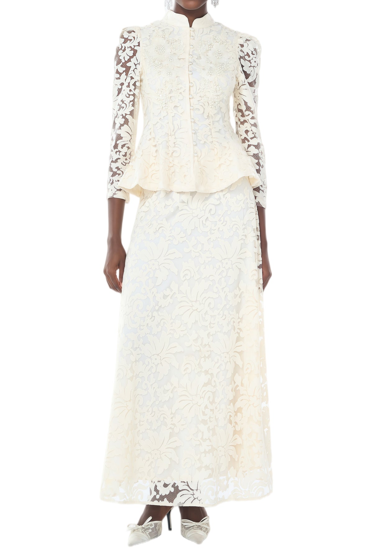 Rebecca Neutrale Peplum Blouse and Skirt Set with Floral Lace