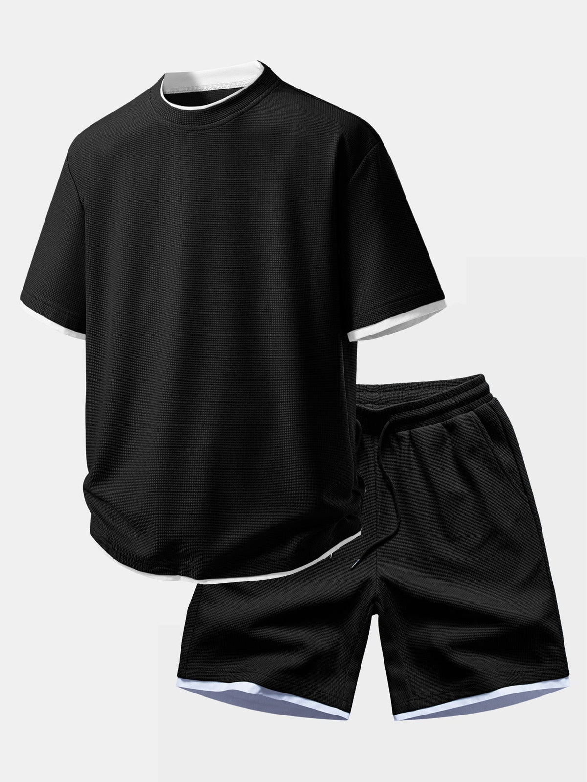 Bequemes 2-in-1 Waffel T-Shirt mit Rundhalsausschnitt und Waffel-Shorts in 7 Zoll
