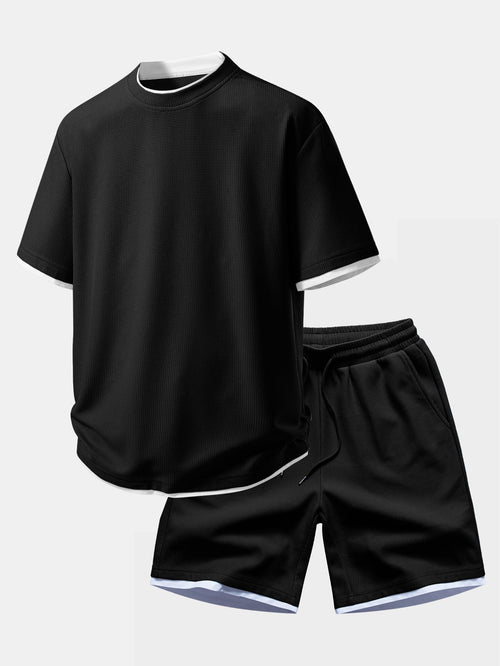 Bequemes 2-in-1 Waffel T-Shirt mit Rundhalsausschnitt und Waffel-Shorts in 7 Zoll