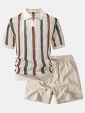 Gestreiftes Polo mit V-Ausschnitt und Gekreppten Shorts mit Kordelzug – 5 Zoll