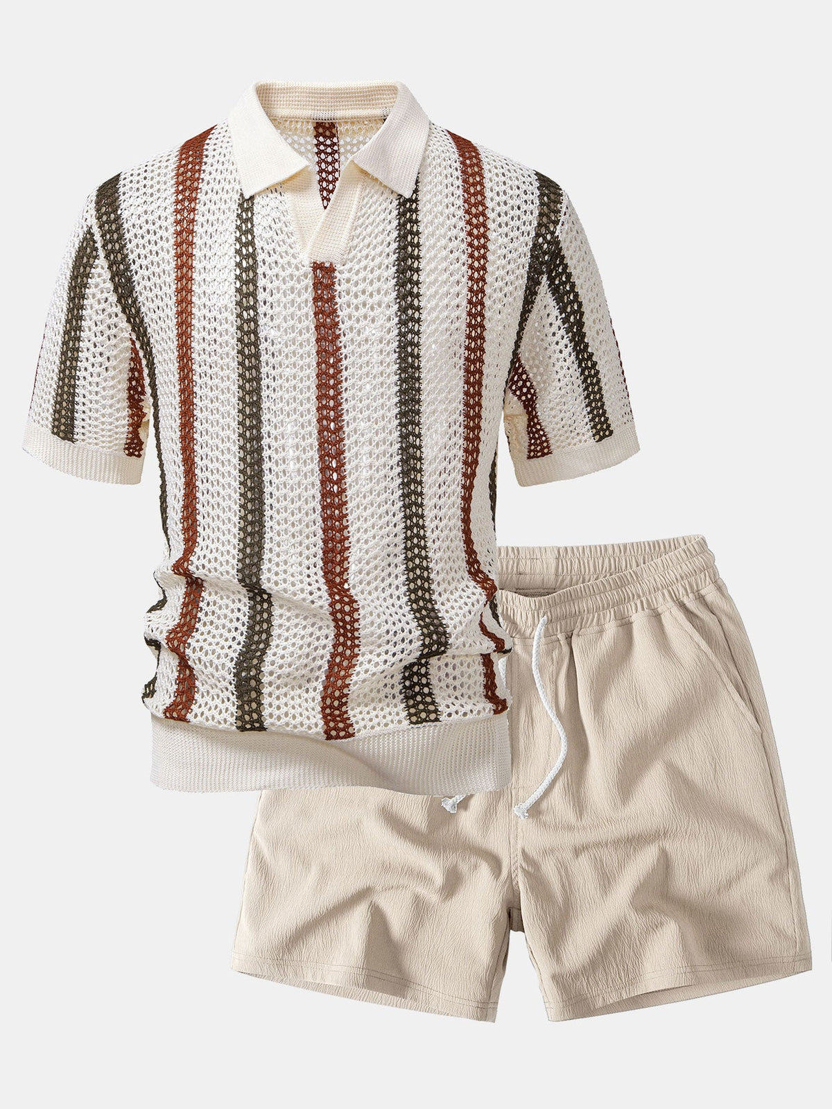 Gestreiftes Polo mit V-Ausschnitt und Gekreppten Shorts mit Kordelzug – 5 Zoll