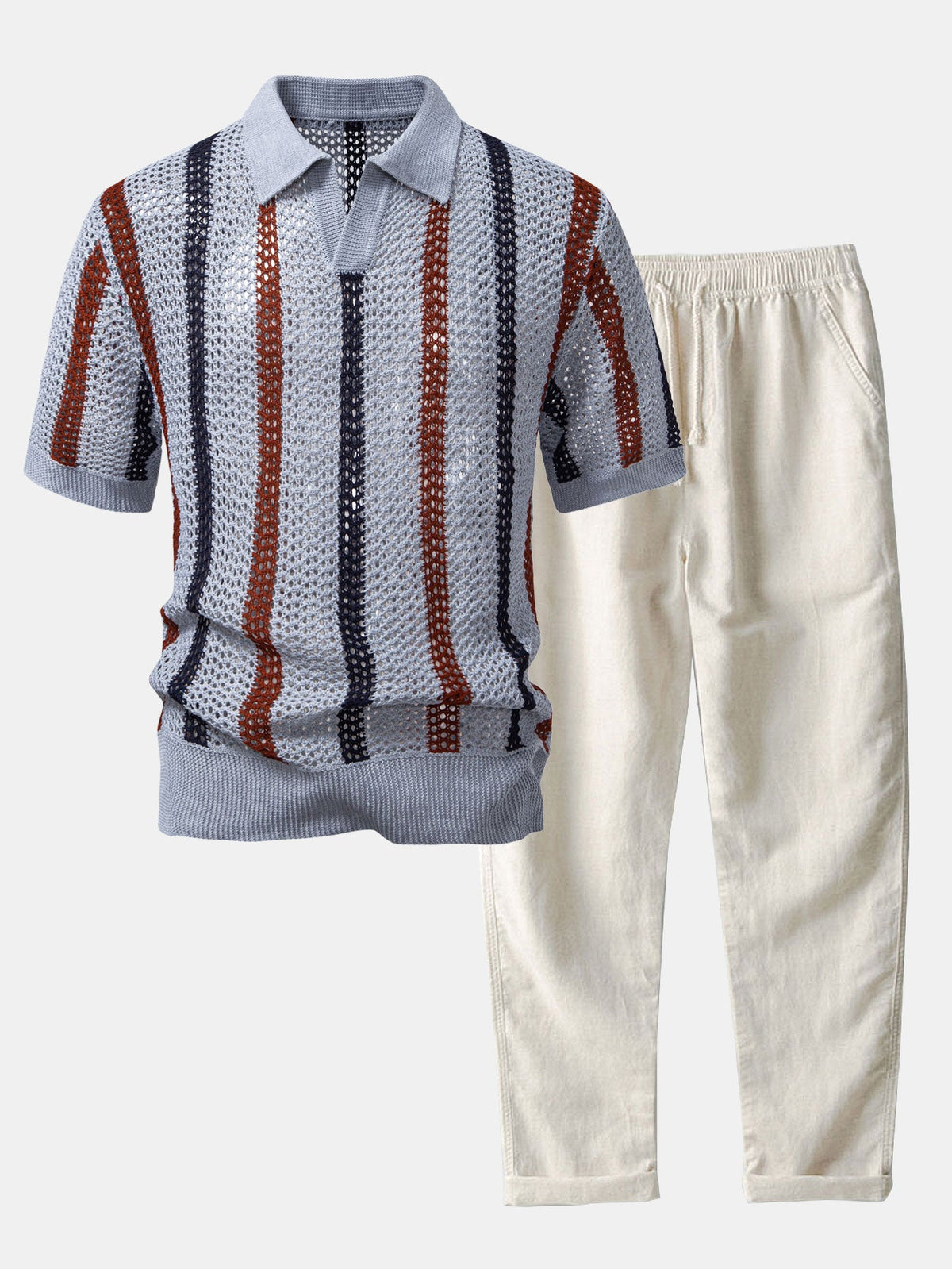 Gestreiftes V-Ausschnitt Polo mit Gehäkeltem Design & Gerade geschnittene Leinenhose