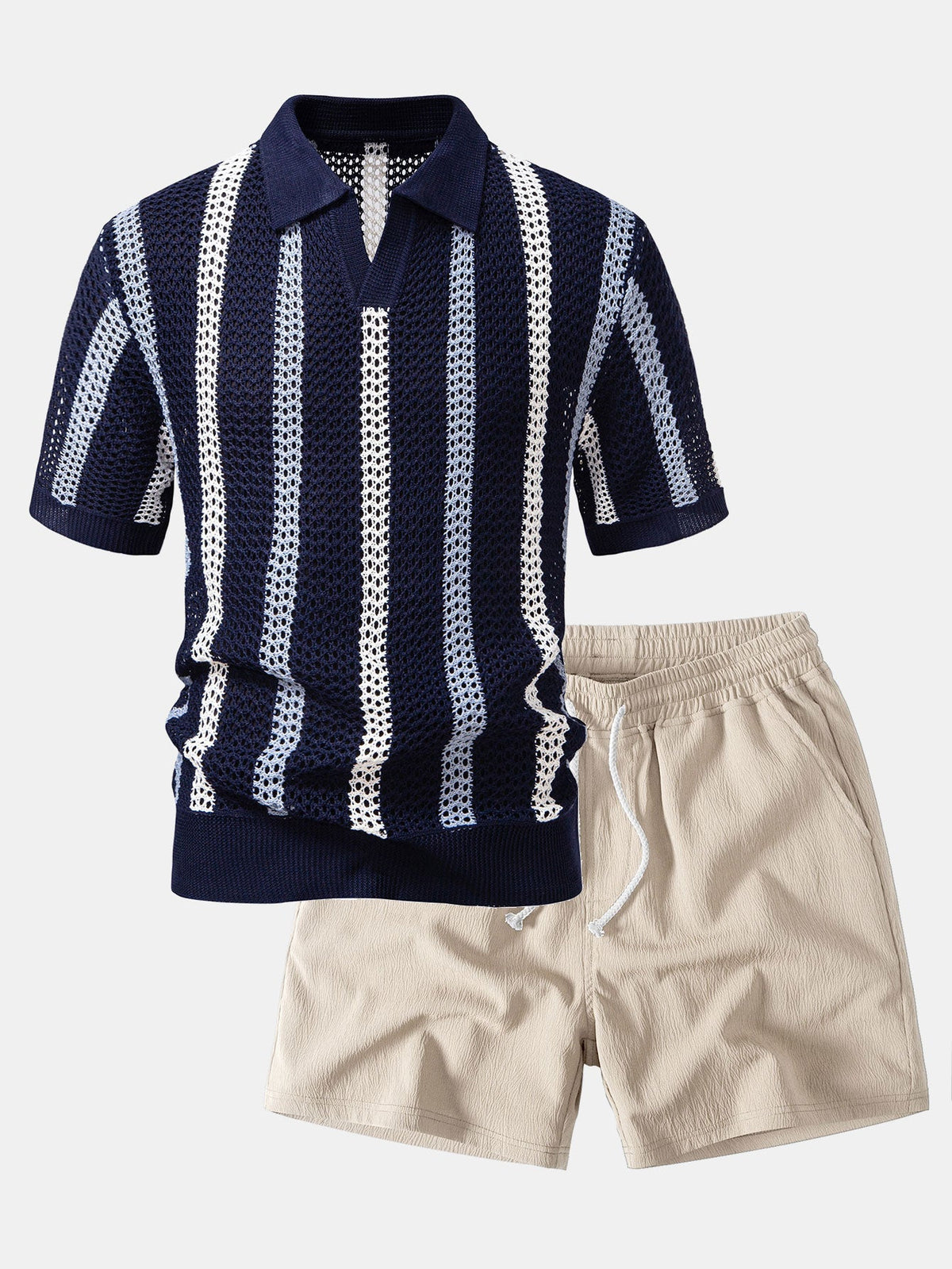 Gestreiftes Polo mit V-Ausschnitt und Gekreppten Shorts mit Kordelzug – 5 Zoll