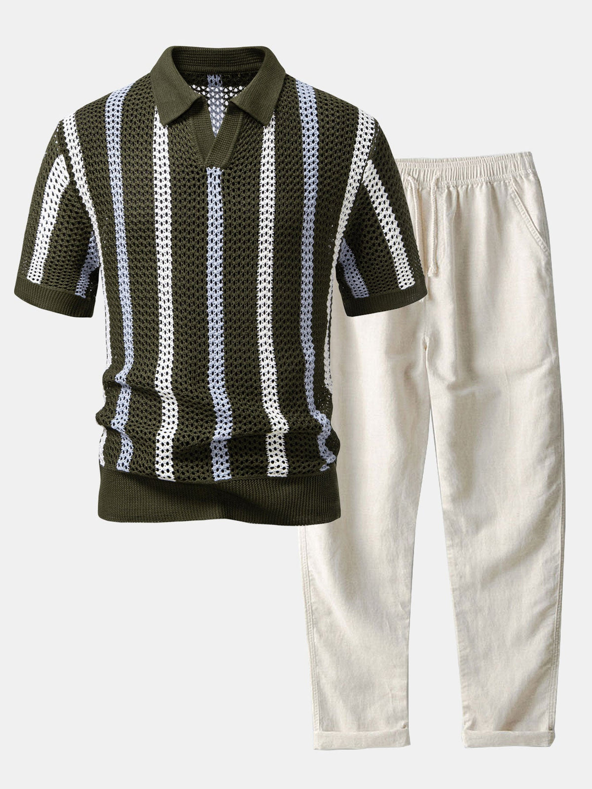 Gestreiftes V-Ausschnitt Polo mit Gehäkeltem Design & Gerade geschnittene Leinenhose