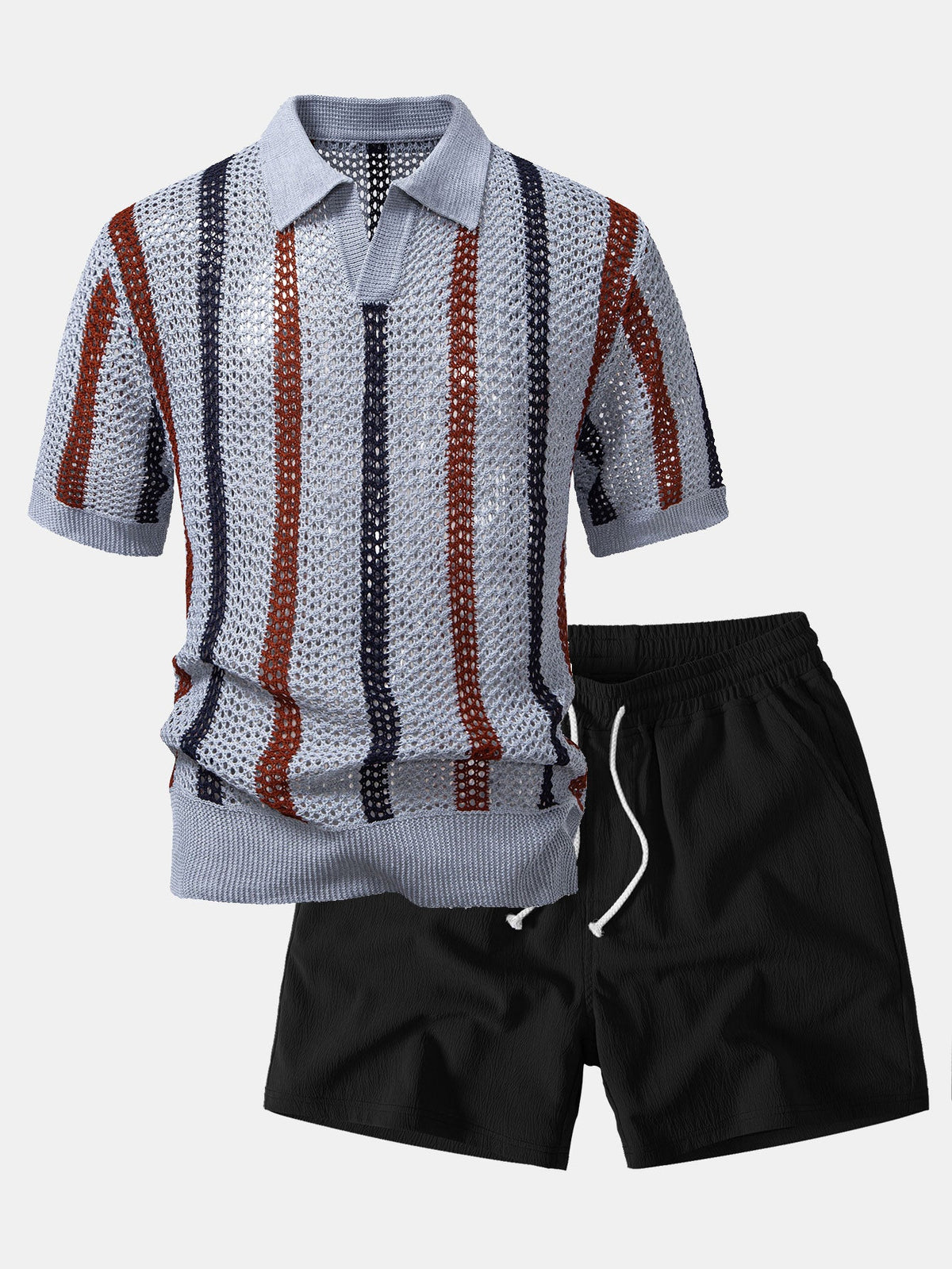 Gestreiftes Polo mit V-Ausschnitt und Gekreppten Shorts mit Kordelzug – 5 Zoll