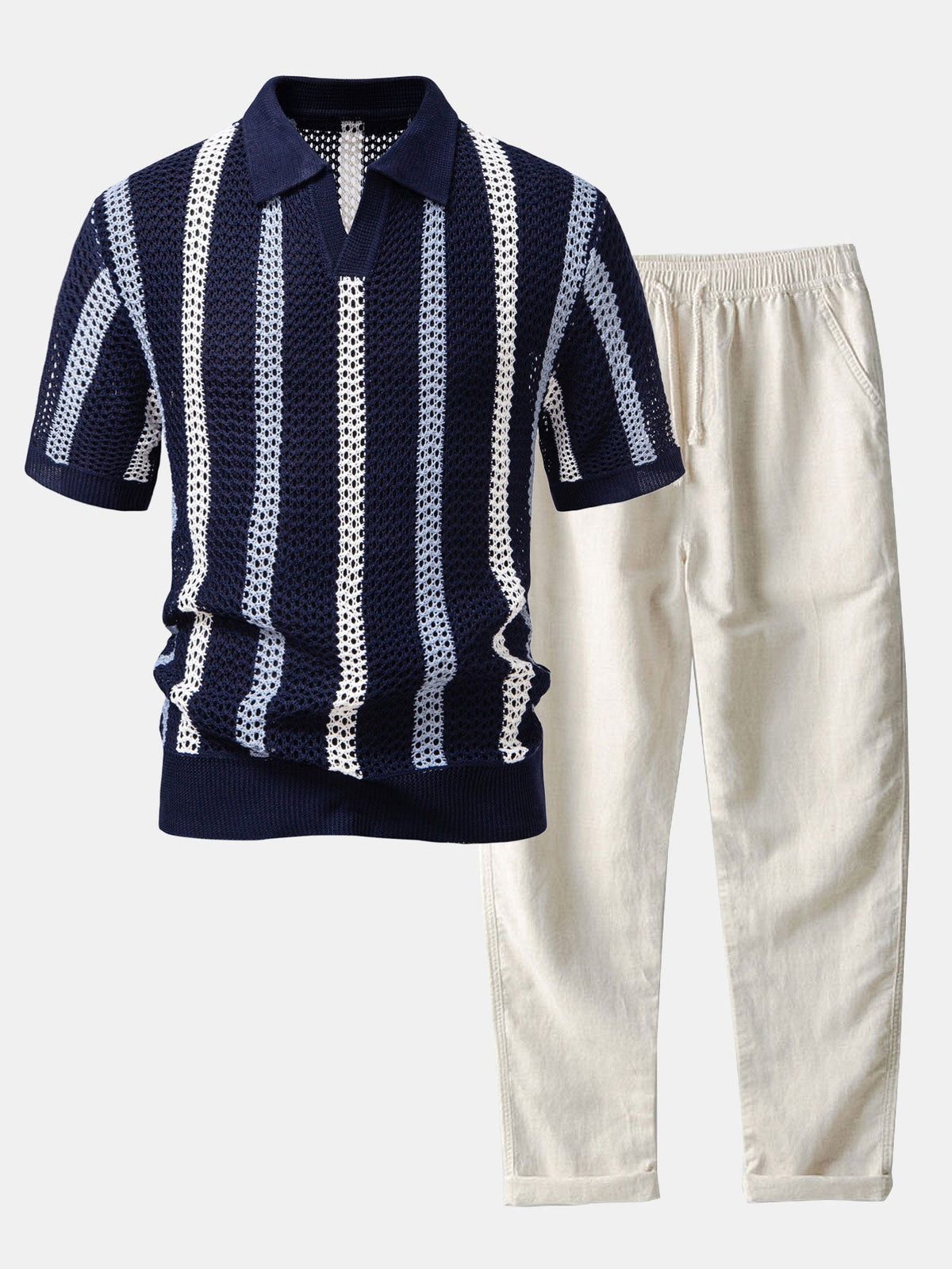 Gestreiftes V-Ausschnitt Polo mit Gehäkeltem Design & Gerade geschnittene Leinenhose
