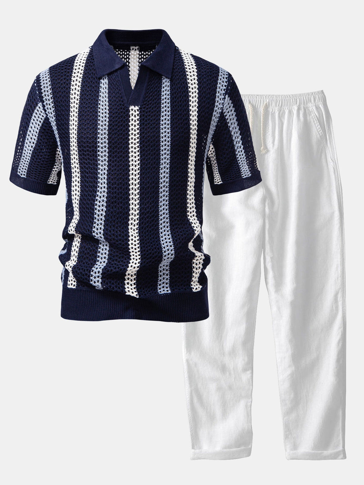 Gestreiftes V-Ausschnitt Polo mit Gehäkeltem Design & Gerade geschnittene Leinenhose