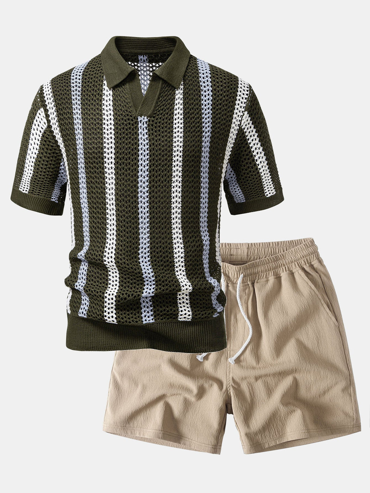 Gestreiftes Polo mit V-Ausschnitt und Gekreppten Shorts mit Kordelzug – 5 Zoll