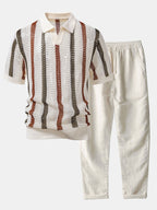 Gestreiftes V-Ausschnitt Polo mit Gehäkeltem Design & Gerade geschnittene Leinenhose