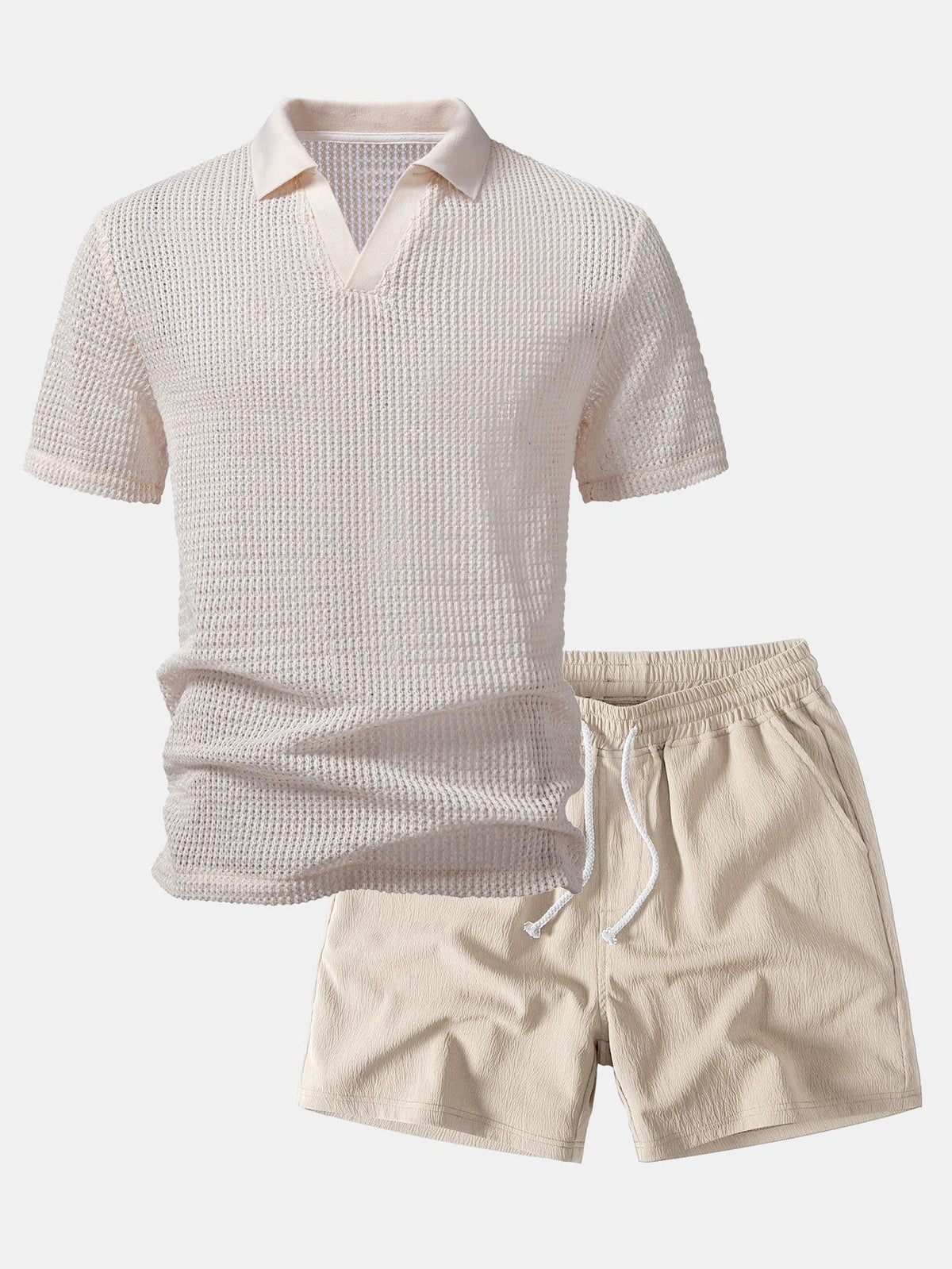 Entspanntes Fit Gehäkeltes V-Ausschnitt Polo mit Kurzen Hosen und Knittertextur, 5" Kordelzug