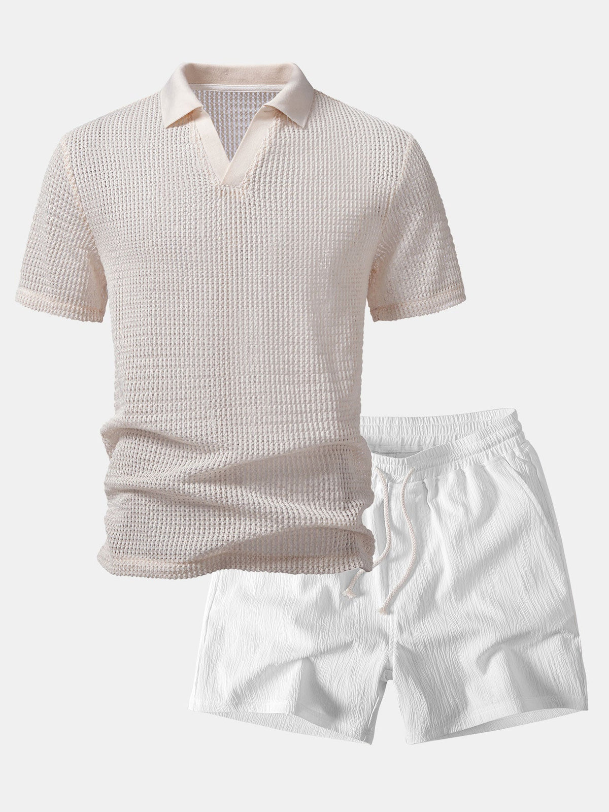 Entspanntes Fit Gehäkeltes V-Ausschnitt Polo mit Kurzen Hosen und Knittertextur, 5" Kordelzug