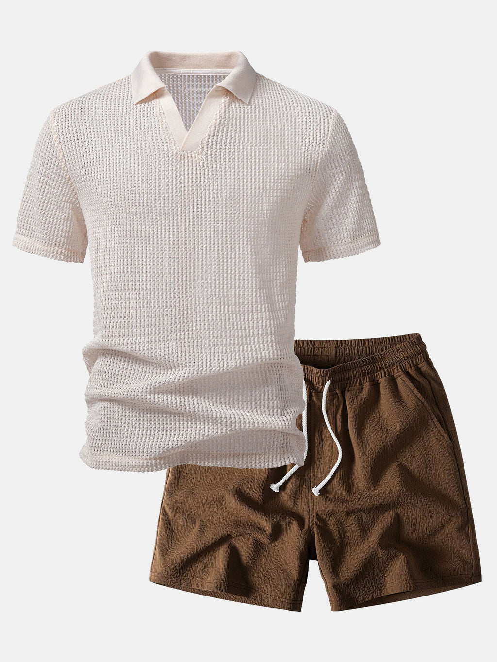Entspanntes Fit Gehäkeltes V-Ausschnitt Polo mit Kurzen Hosen und Knittertextur, 5" Kordelzug