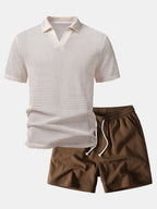 Entspanntes Fit Gehäkeltes V-Ausschnitt Polo mit Kurzen Hosen und Knittertextur, 5" Kordelzug