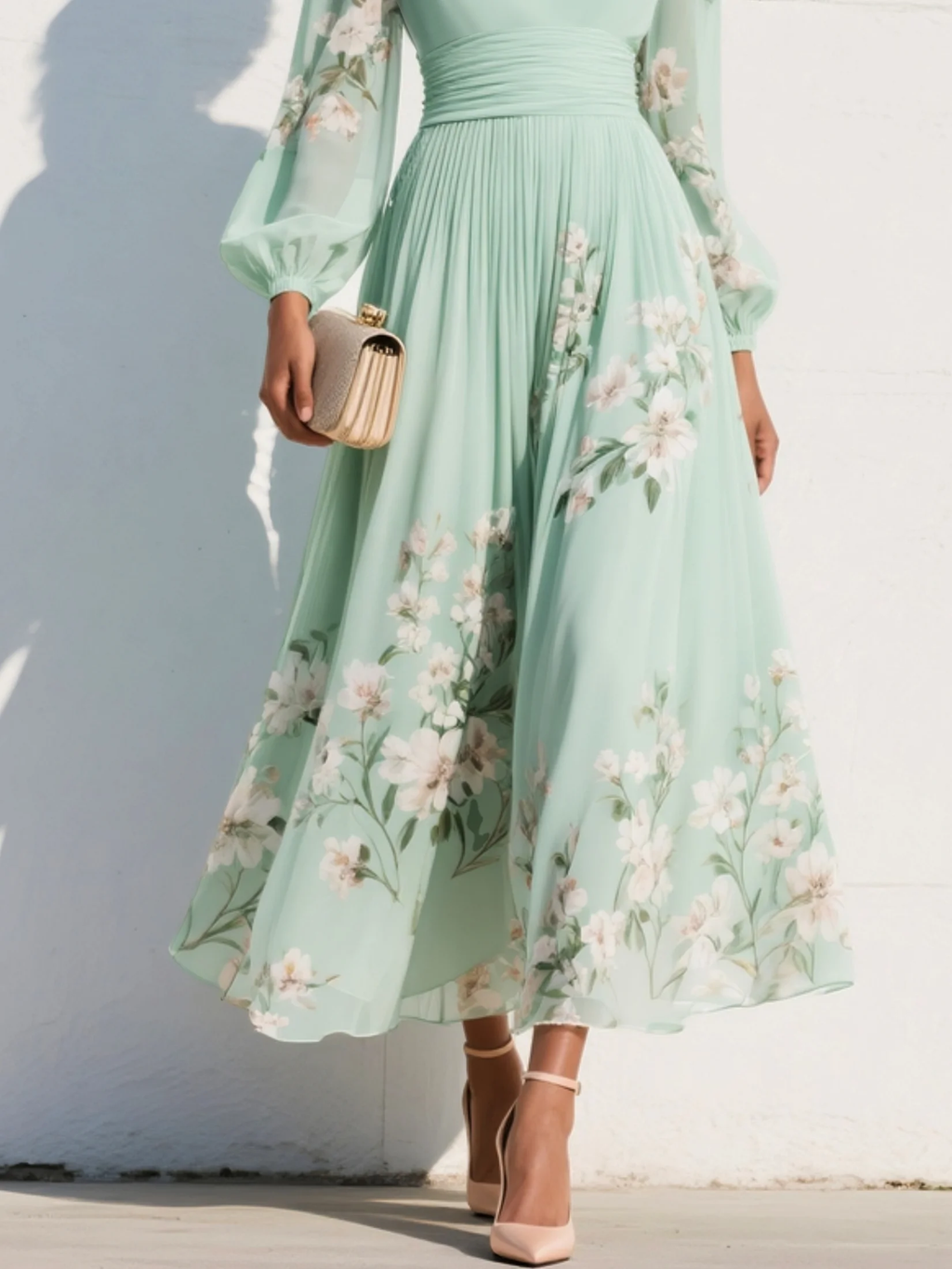 Cisella | Hellgrünes Midi-Kleid mit floralem Muster