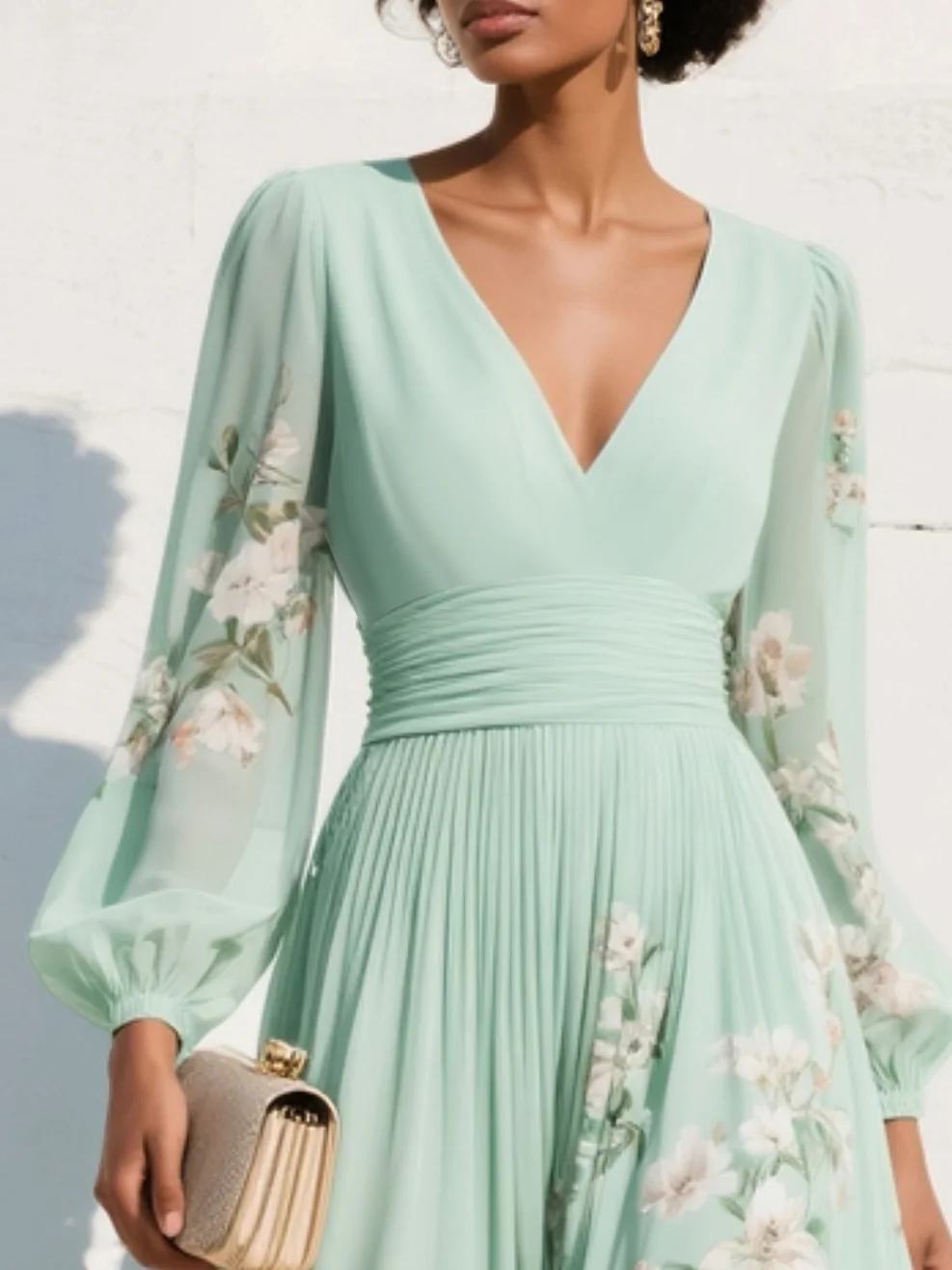 Cisella | Hellgrünes Midi-Kleid mit floralem Muster