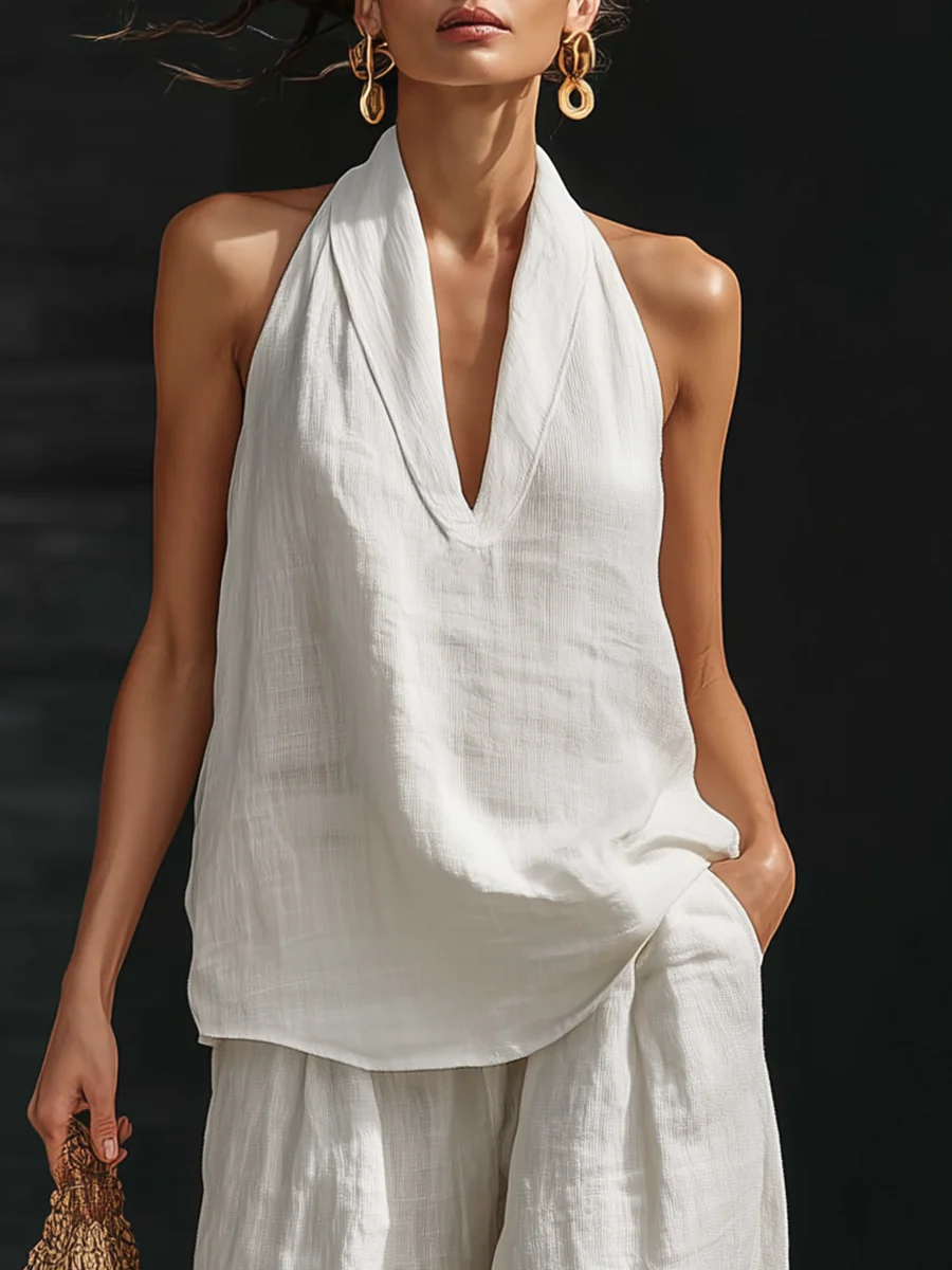Lila V-Ausschnitt ärmelloses Top und weite Hose Set