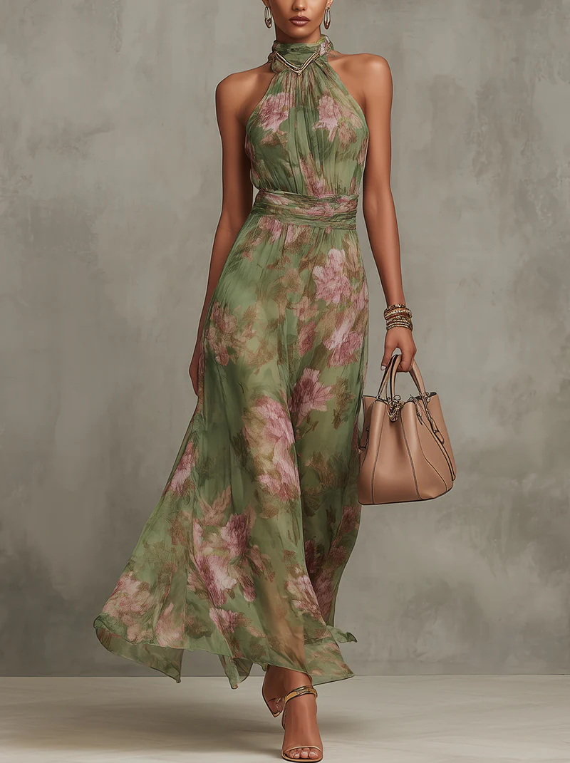 Livia | Elegantes Maxikleid mit floralem Design und Halterträgern