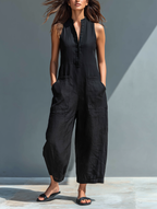 Larson - Ärmellose minimalistische Damen-Latzhose aus Mischleinen mit hohem Kragen und Knöpfen