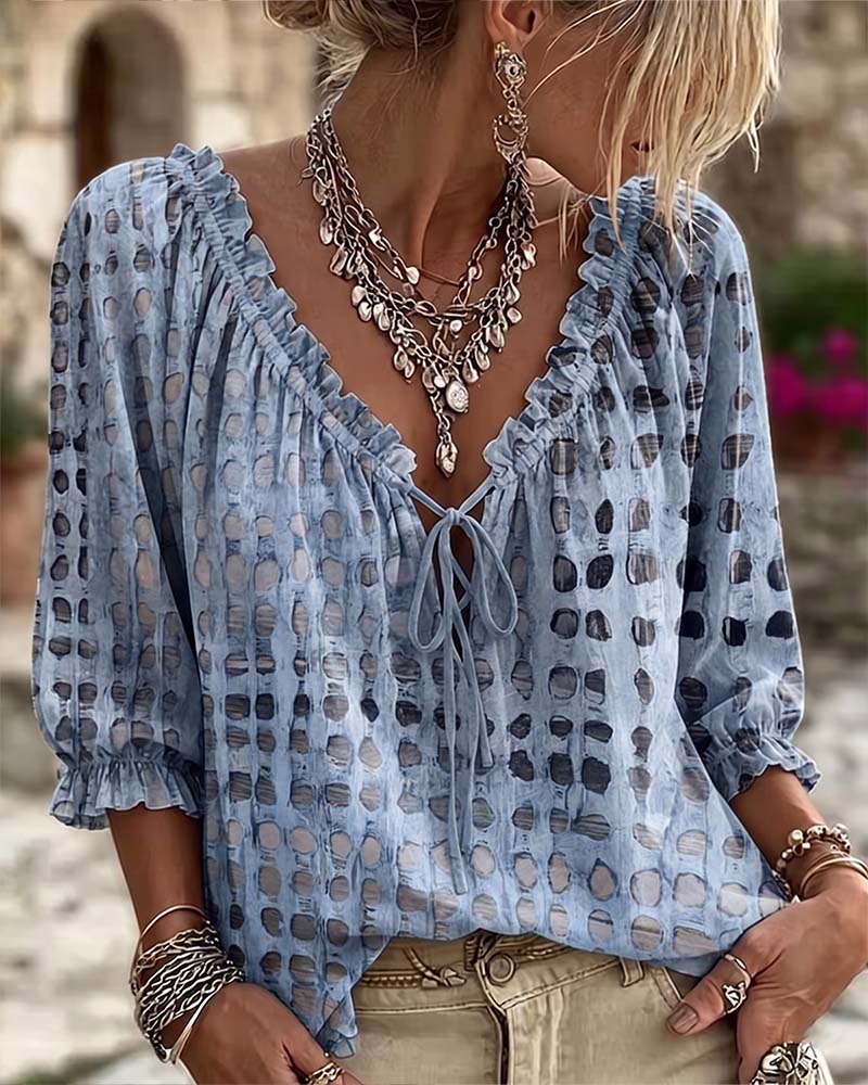 Lena | Blouse with Polka Dot Pattern and Lace-Up Detail