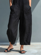 Larson - Ärmellose minimalistische Damen-Latzhose aus Mischleinen mit hohem Kragen und Knöpfen