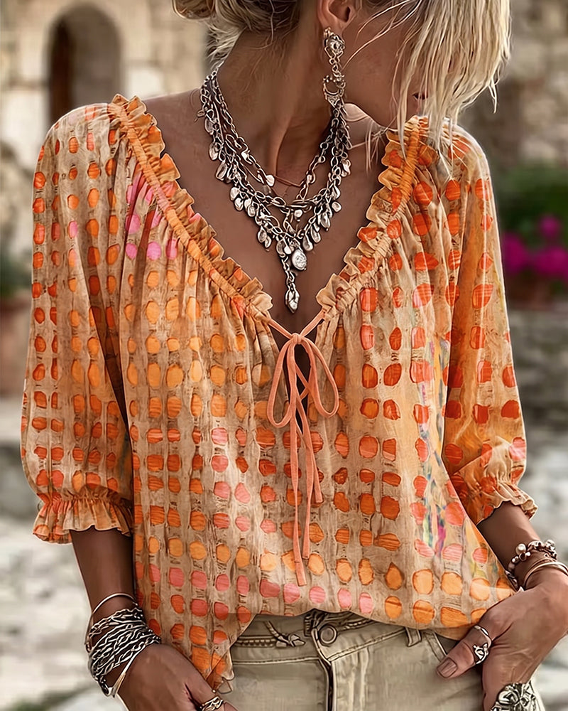 Lena | Blouse with Polka Dot Pattern and Lace-Up Detail