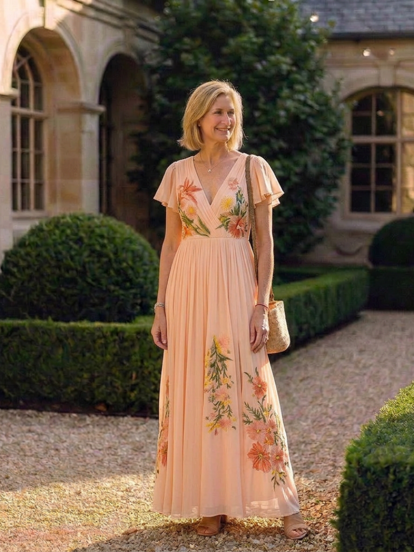 Calista | Kurzarm Maxi Kleid mit V-Ausschnitt und Falten