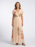 Calista | Kurzarm Maxi Kleid mit V-Ausschnitt und Falten