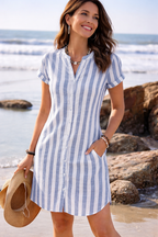Mara - Gestreiftes Kurzarm-Blusenkleid mit Knopfleiste