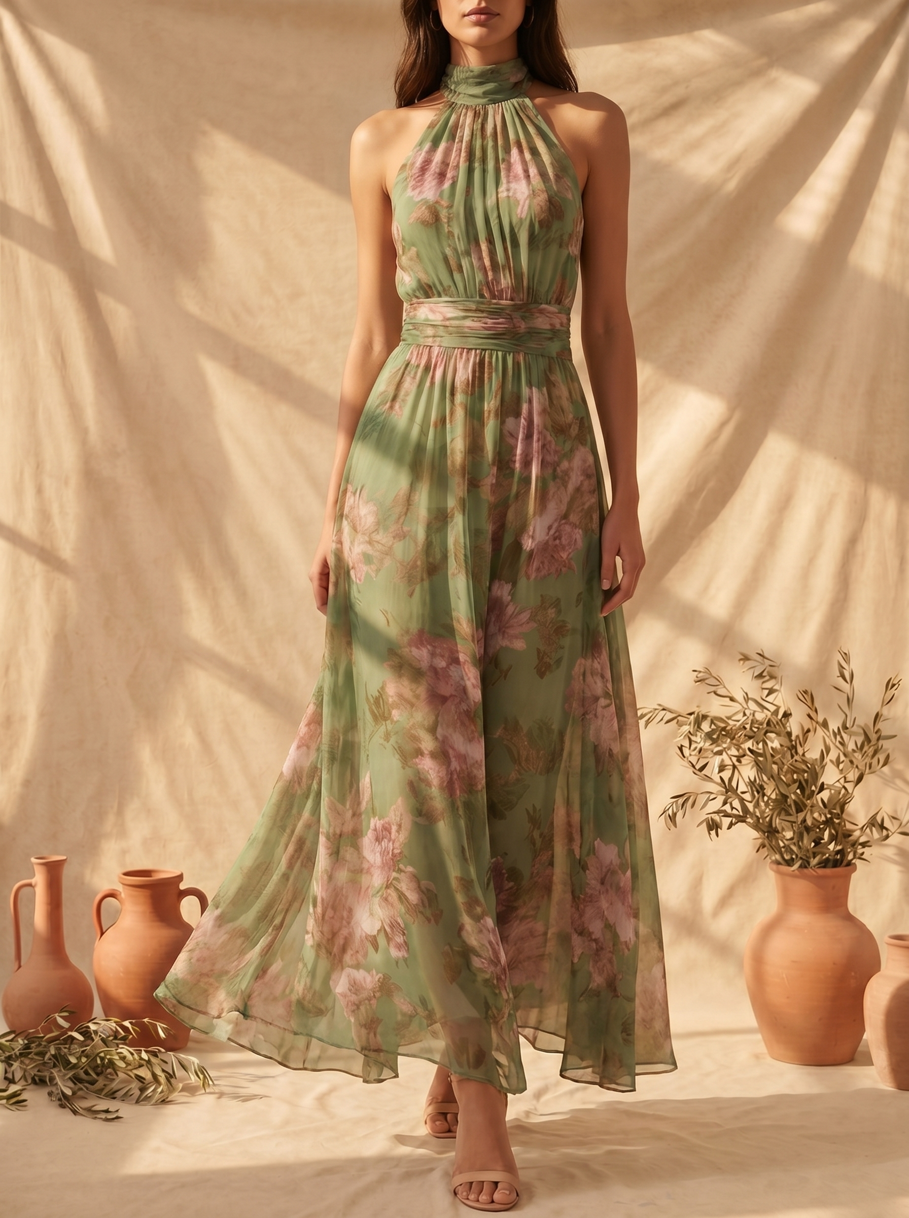 Livia | Elegantes Maxikleid mit floralem Design und Halterträgern