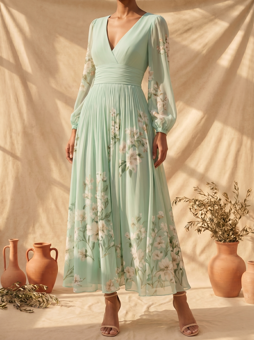 Cisella | Hellgrünes Midi-Kleid mit floralem Muster