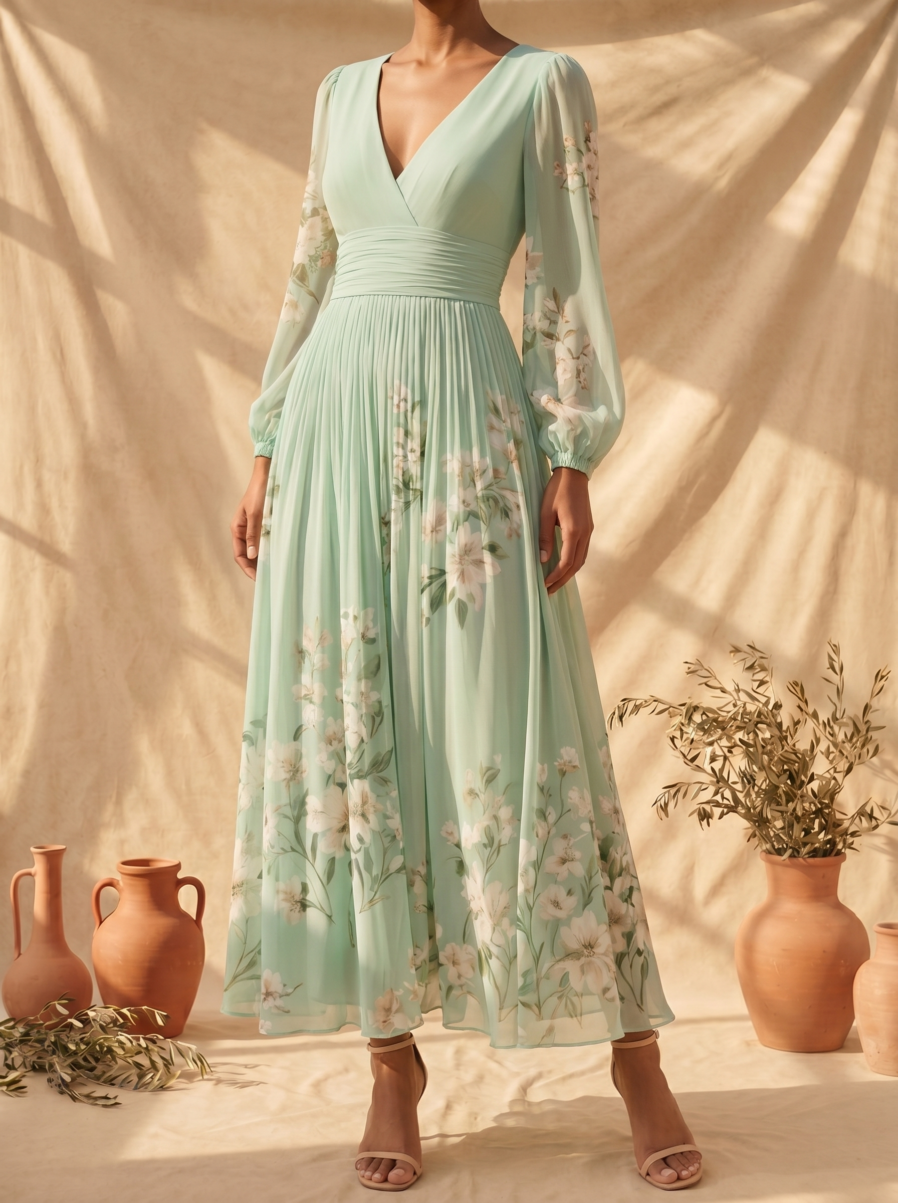 Cisella | Hellgrünes Midi-Kleid mit floralem Muster
