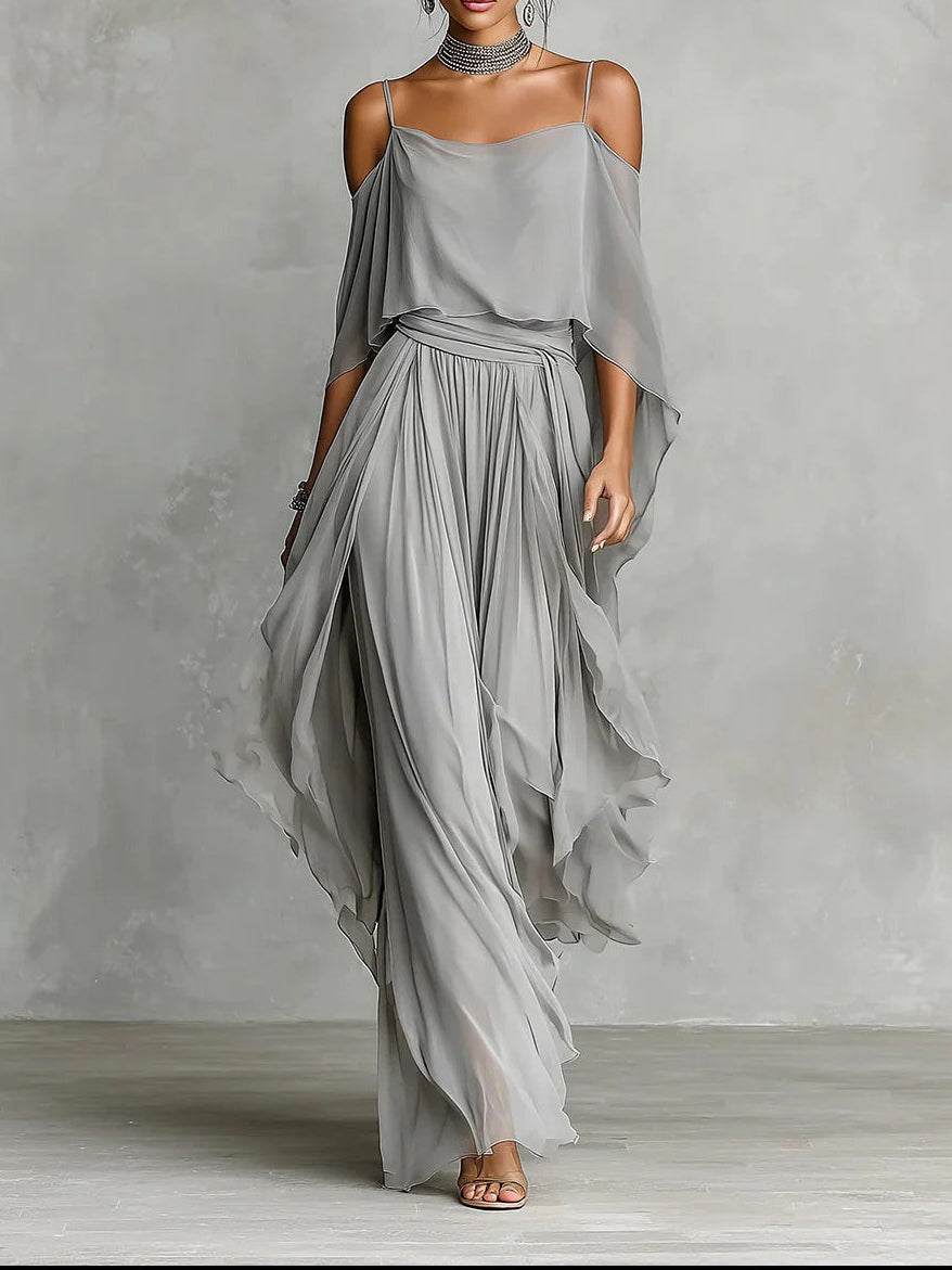 Isabela | Elegantes graues Set mit Spaghettiträger-Top und luftiger Hose