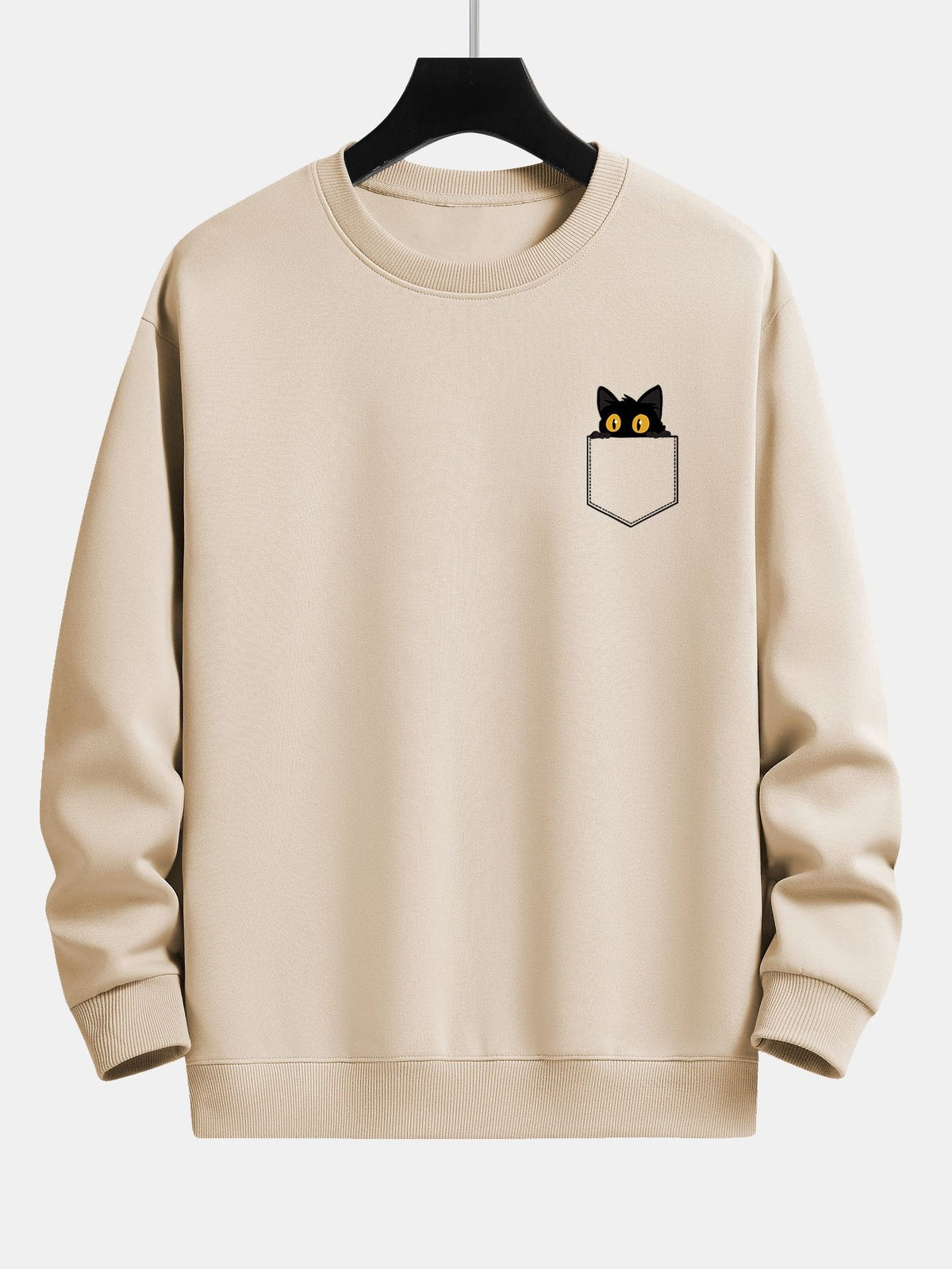 Schwarze Katze Druck Sweatshirt mit Tasche und Lässiger Passform