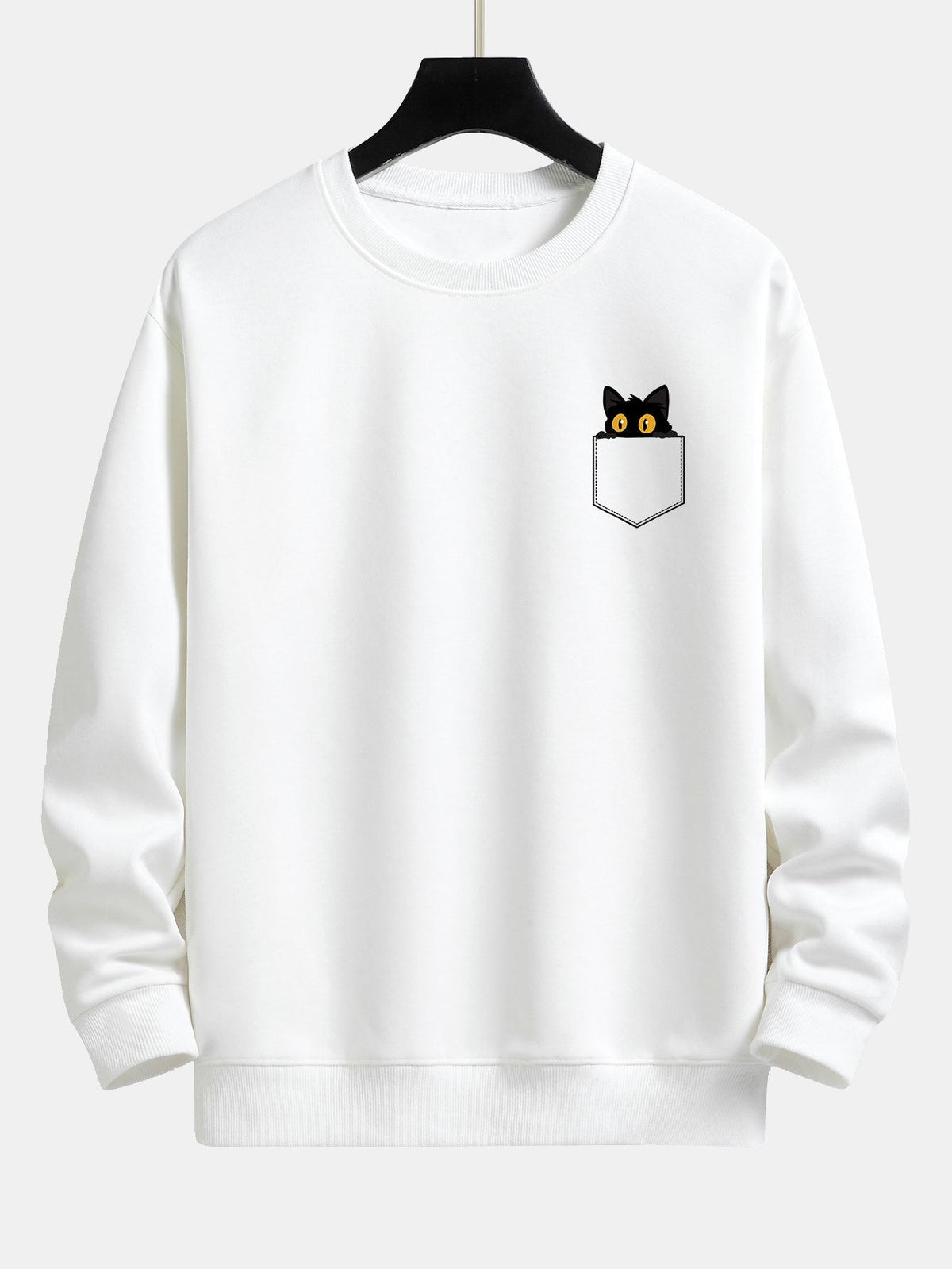 Schwarze Katze Druck Sweatshirt mit Tasche und Lässiger Passform