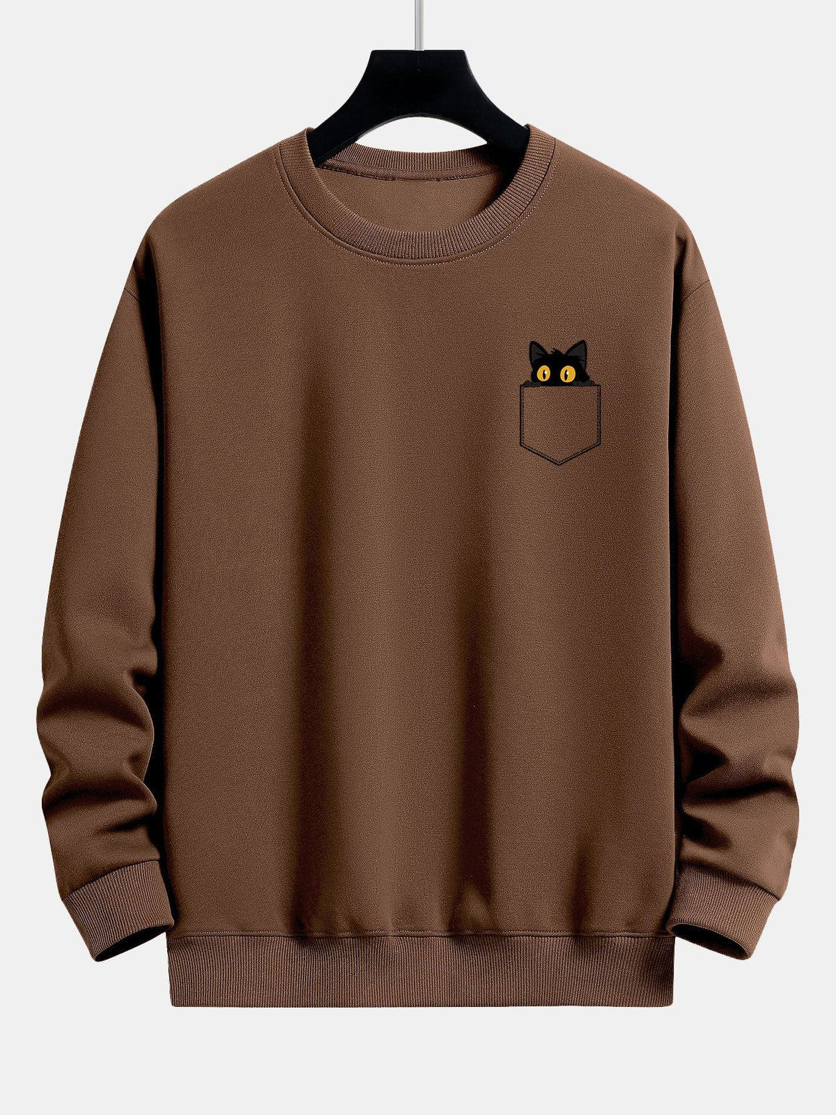 Schwarze Katze Druck Sweatshirt mit Tasche und Lässiger Passform