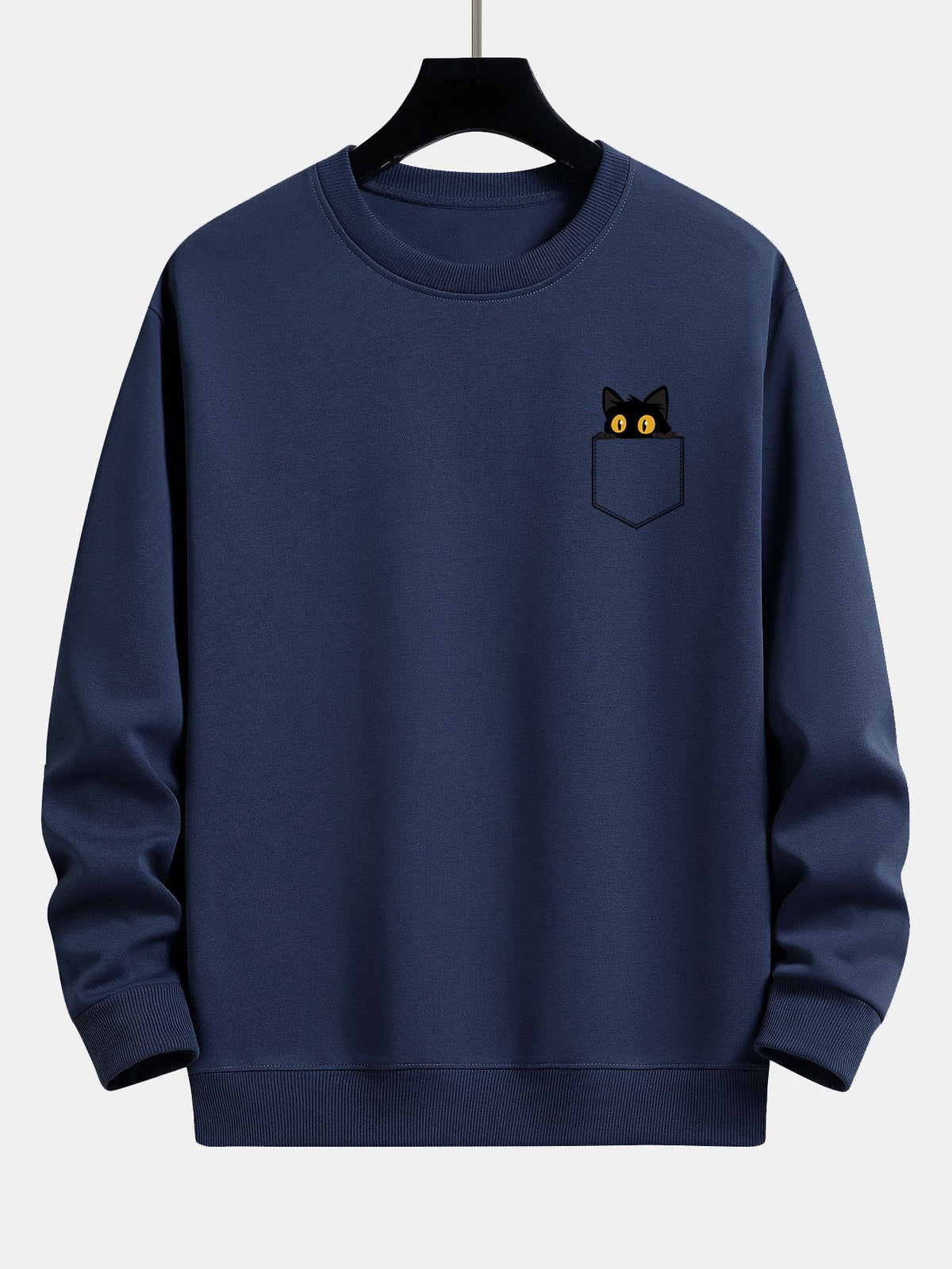 Schwarze Katze Druck Sweatshirt mit Tasche und Lässiger Passform