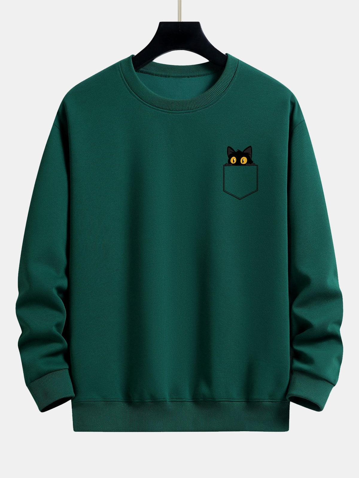 Schwarze Katze Druck Sweatshirt mit Tasche und Lässiger Passform