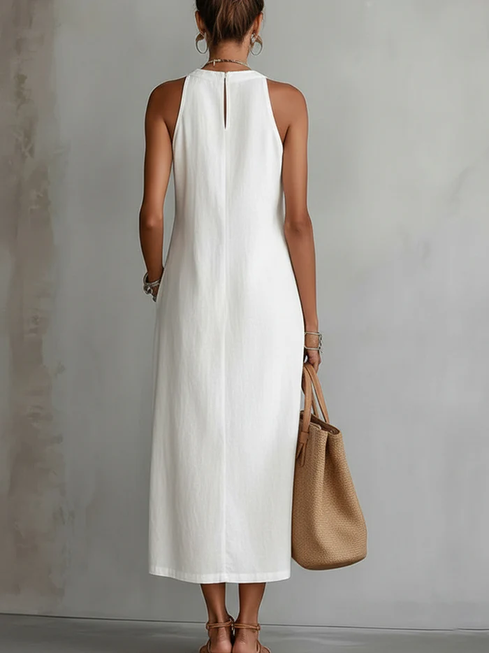 Jimena | Leinen-Midi-Kleid mit Koreanischem Kragen
