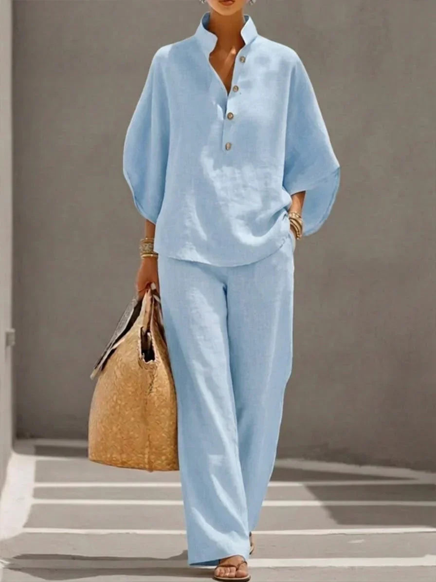 Sophie | Leinen-Set mit Batwing-Ärmeln und weitem Hosenstil